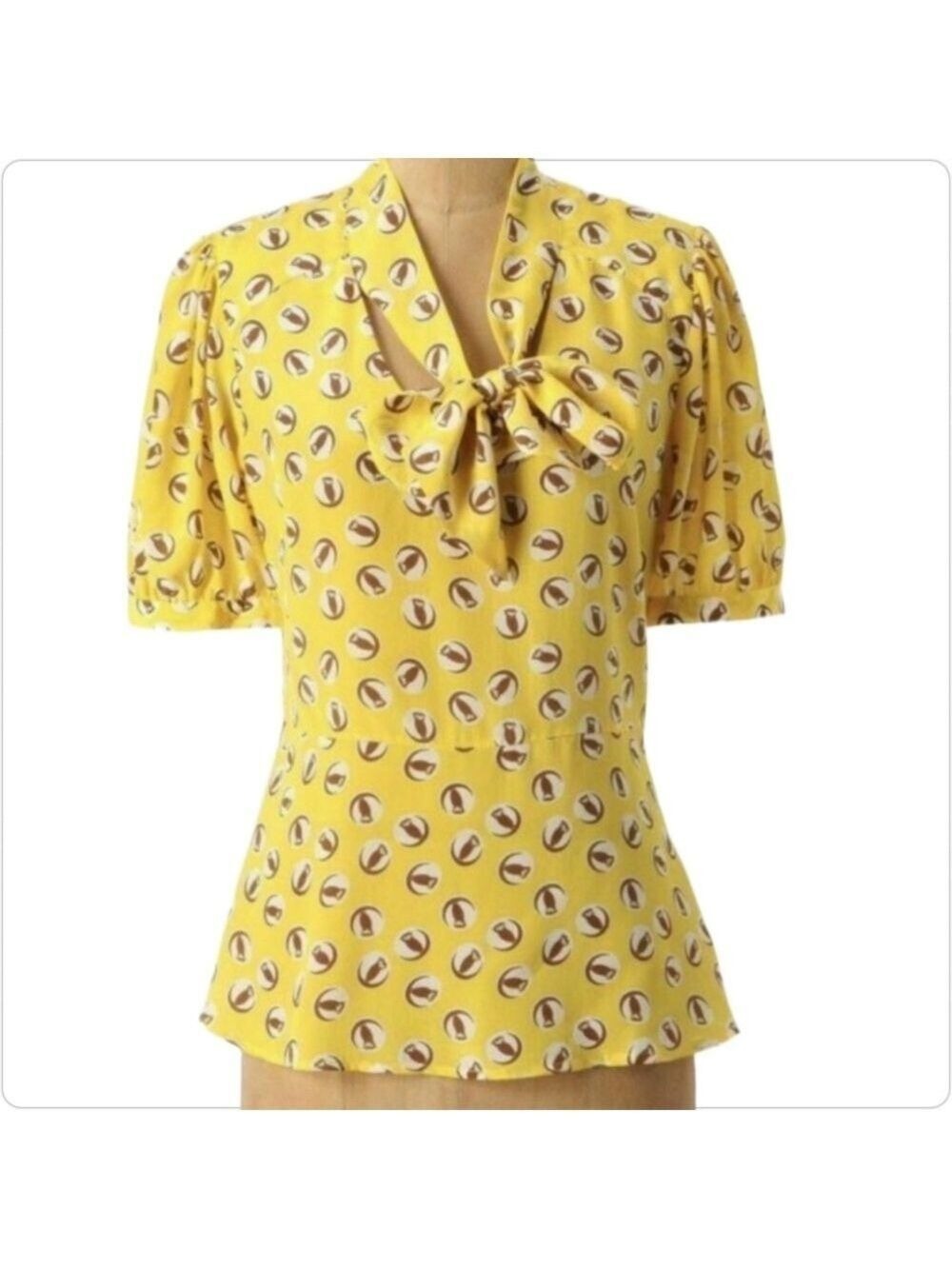 ANTHROPOLOGIE LEMON LIFTOFF OWL RETRO SILK BLOUSE - SIZE 8 - GIRLS FROM SAVOY